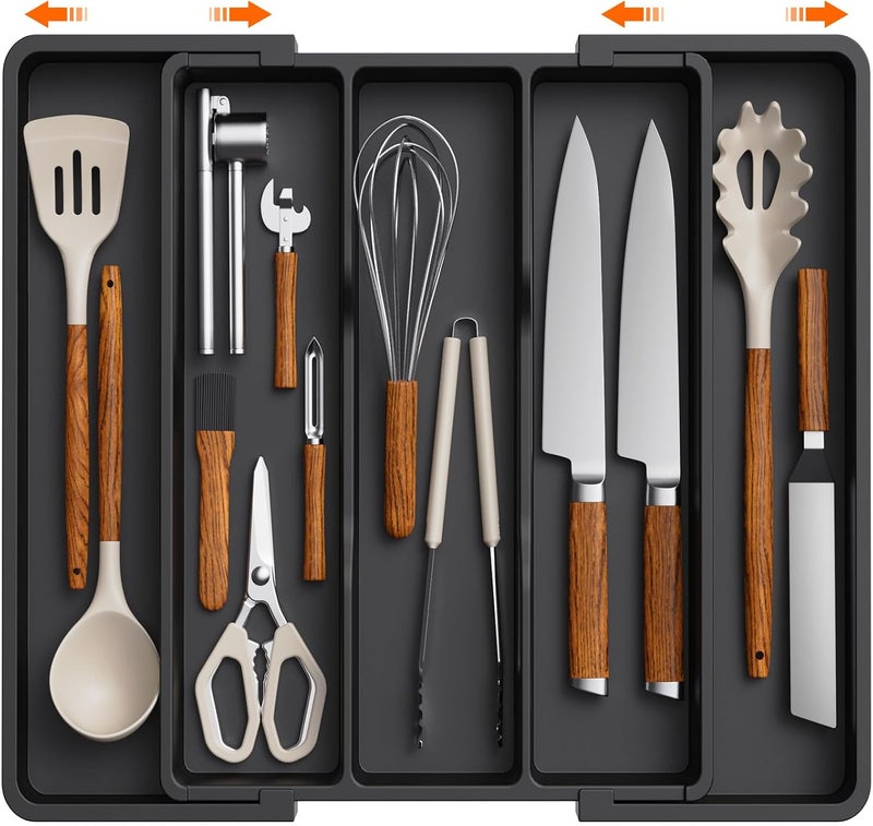 Lifewit Utensil Organizer for Kitchen Drawers, Expandable Cooking Utensil Tray, Adjustable Cutlery Silverware Flatware Holder, Plastic Spatula Tools and Gadgets Storage Divider, Black, 13"-22" x 15" - Image 1